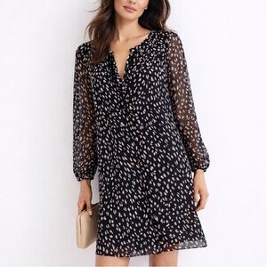 DVF Silk Sheer Sleeve Dress Black Soft Ivory Lavender Print Size 4